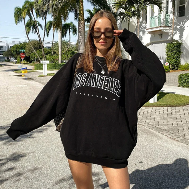 

Vintage Letter Print O-Neck Sweatshirt Autumn Black Harajuku Oversized for Women Sweatshirt Street Wear Casual Loose Long Top