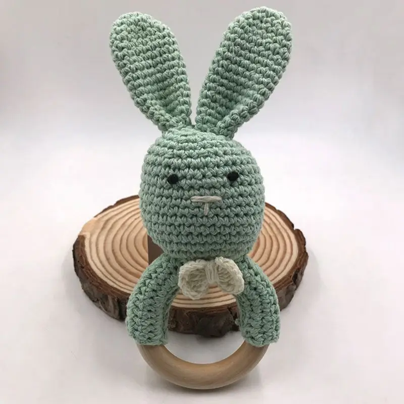 

Baby Bunny Ear Teether Wooden Crochet Teething Ring Newborn Sensory Shower Gift