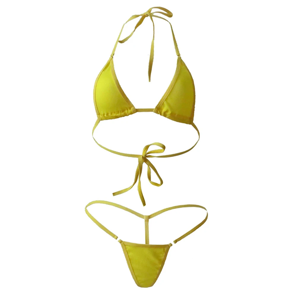 Женский мини купальник бикини набор бюстгальтер с завязками на шее микро стринги