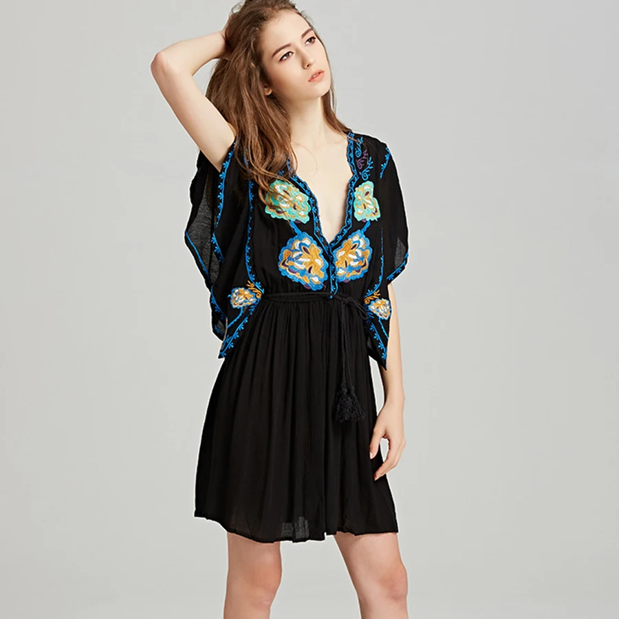 Женское пляжное платье с цветочной вышивкой глубоким V образным вырезом|boho dress|beach