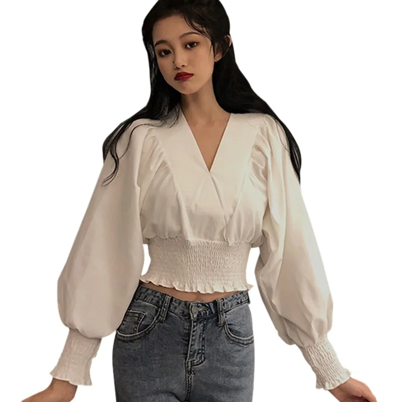 Women's Solid Color V-Neck Sexy Slim Blouses Autumn Exposed Navel Elegant Long Sleeve Shirt Tops