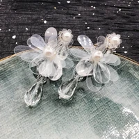 white elegant flower pearls petal clip earrings hand making weaving jewelry