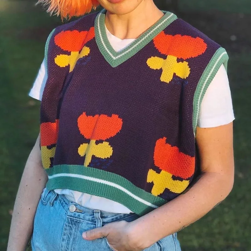 

Fashion Cute Y2K Vintage Patchwork Striped Knitwear Floral Print Knitted Sweater Vest for Women Preppy Style