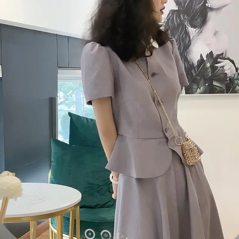 

Женские офисные костюмы из 2 предметов, винтажная блузка с коротким рукавом и юбка миди с завышенной талией, лето, в Корейском стиле