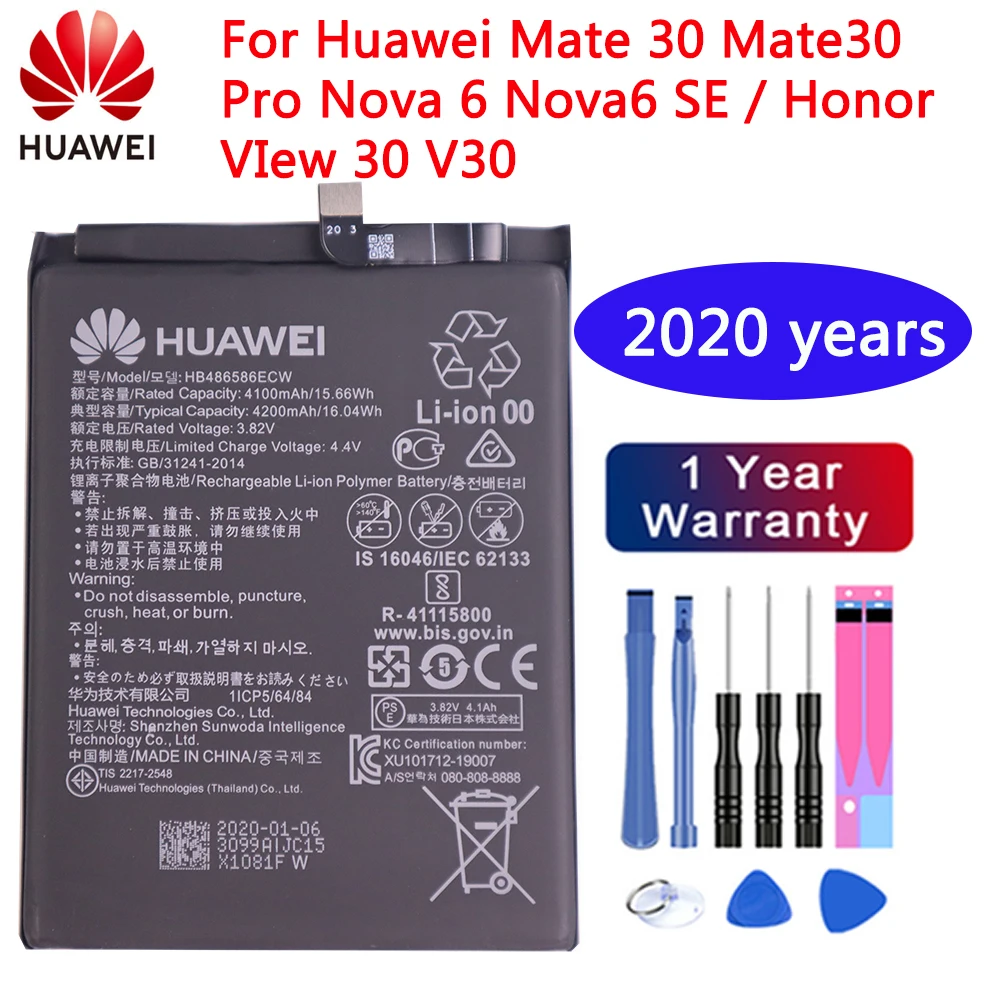 

2020 лет 4200 мАч 100% Оригинальная батарея HB486586ECW для Huawei Mate 30 Mate30 Pro Nova 6 Nova6 SE / Honor VIew 30 V30 батареи