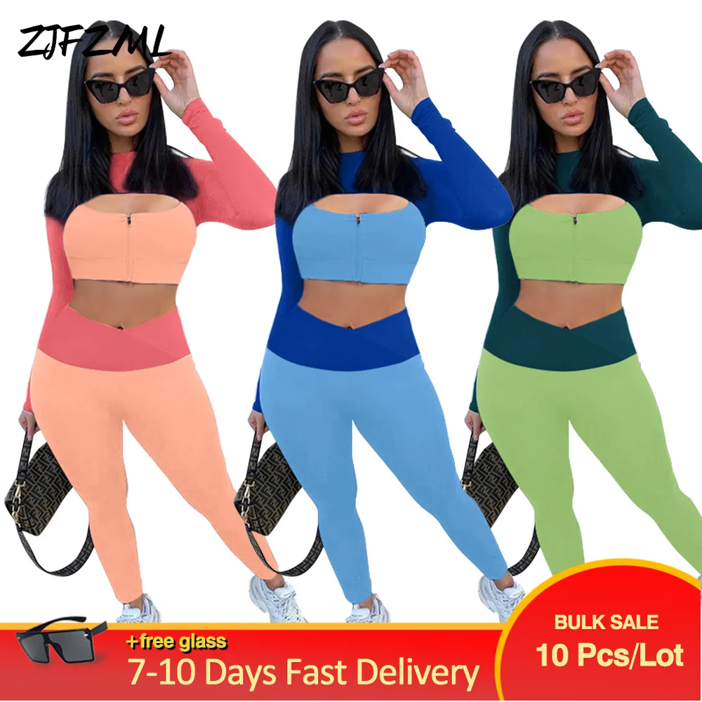 

Wholesale Bulk Items Lots 2 Piece Matching Sets Gymwear Clothing Cut Out Full Sleeve Slim Top+stretchy Color Block Pant Casual