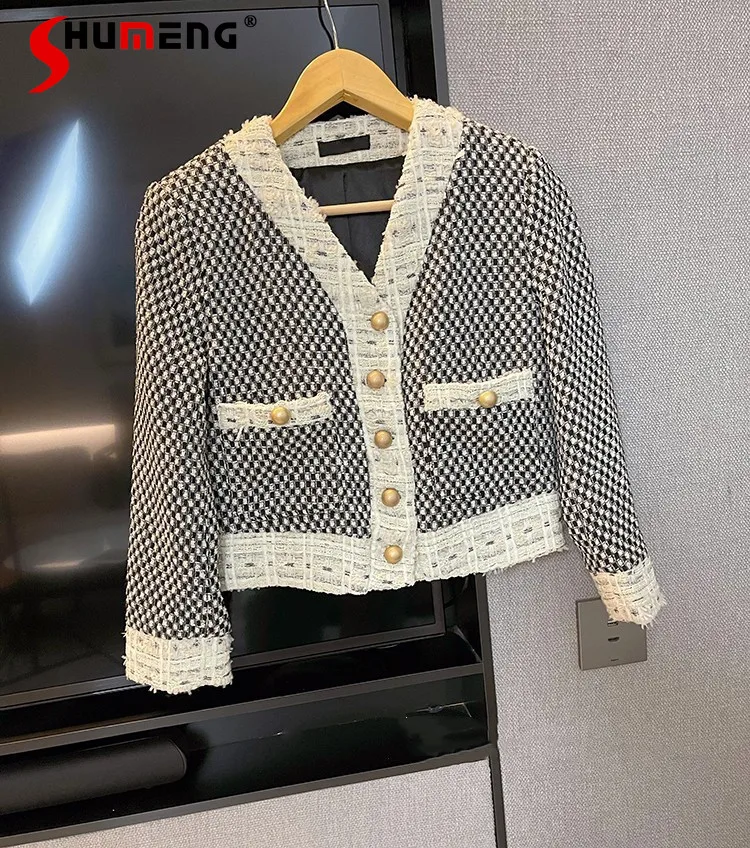 

2021 Autumn New Female Simple Graceful Long Sleeved Short Tweed Coat Women Fashion Office Lady Lightly Mature Solid Color Jacket