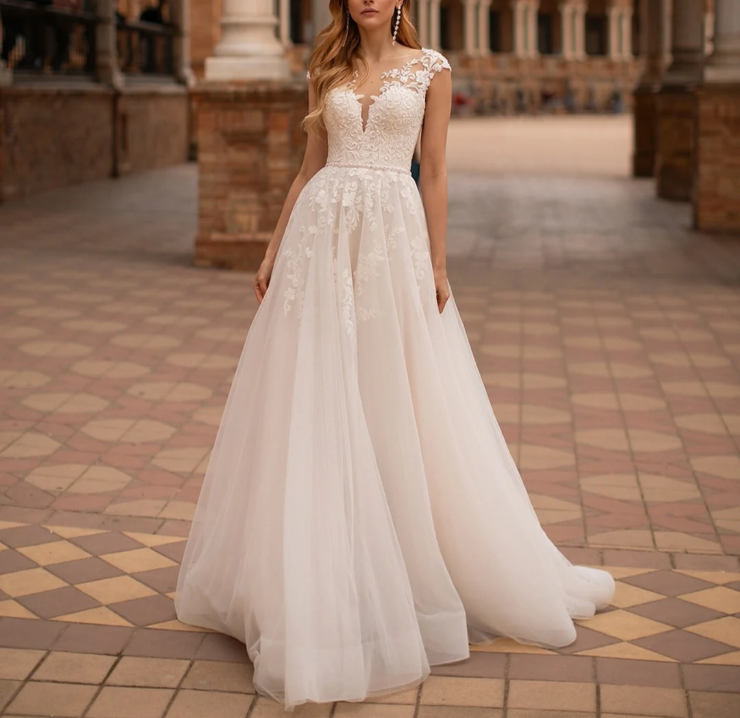 

Vintage Long O-Nek A-Line Lace Wedding Dresses Tulle Button Back Brautkleid Robes de Soirée for Women