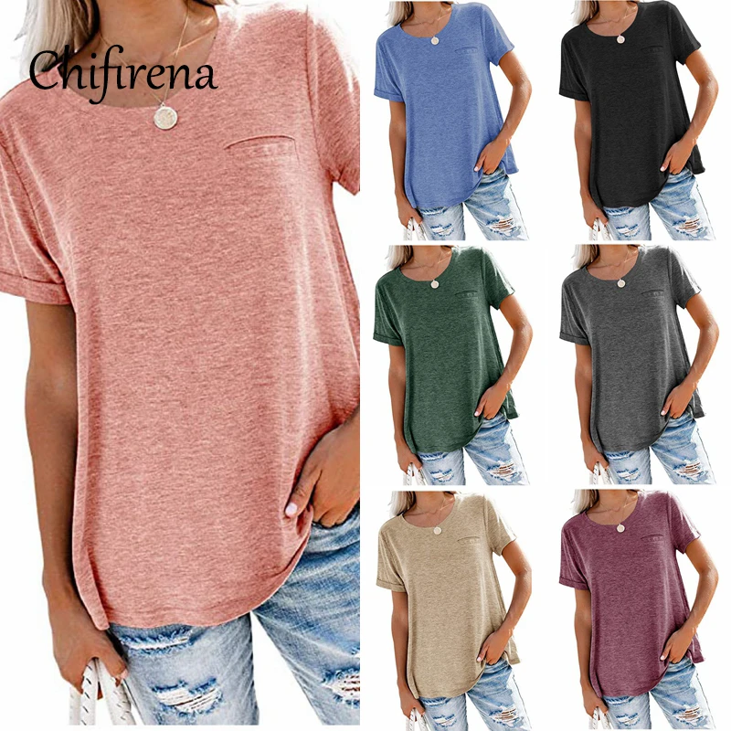 

Chifirena 2021 New Summer Women T-Shirts O Neck Short Sleeve Casual Tops Loose Pullover Tees Female Plus Size Black T-shirt