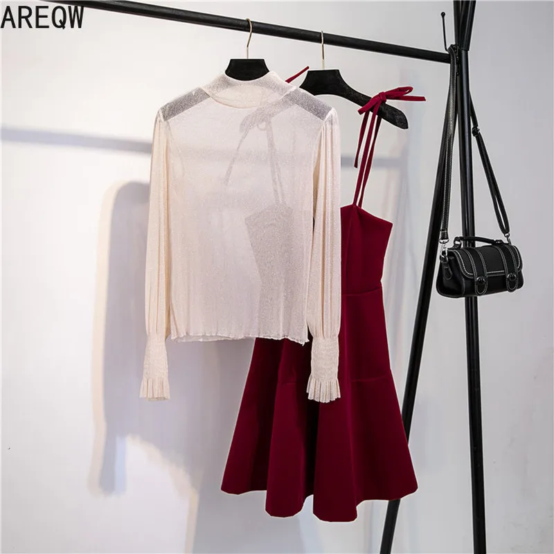 Женский прозрачный топ с длинными рукавами фонариками + платье комплект из 2