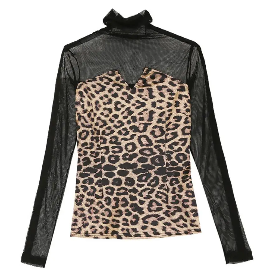 

Women Sexy Leopard Patchwork Transparent Mesh Turtleneck Pullover shirt Spring Autumn Female Long Sleeve Shirts Tops s569
