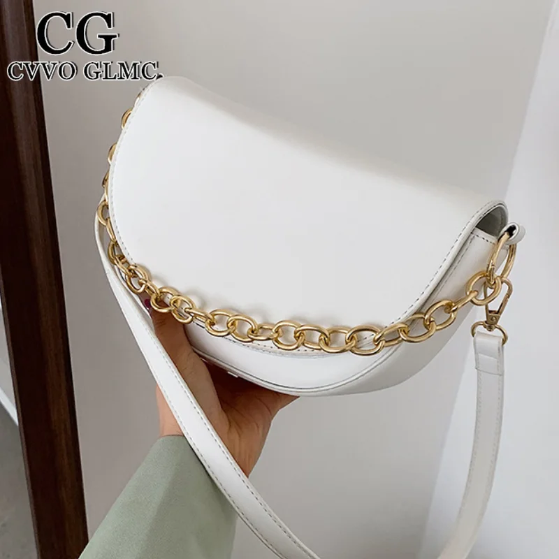 

Cvvo Glmc Simple Design Solid Color Pu Leather Saddle Crossbody Bag for Women 2021 Female Chain Shoulder Handbags and Purses