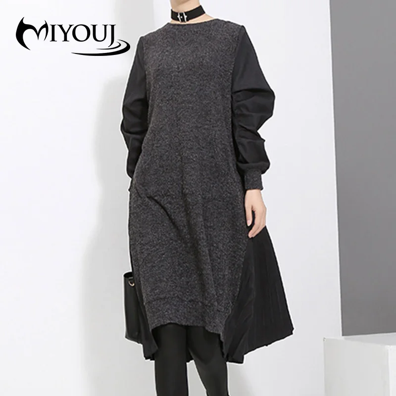 

Осень-зима 2020, плиссированное платье Miyouj, Повседневная Свободная одежда в стиле бойфренда, Вязаные Рубашки в стиле пэчворк, женское платье