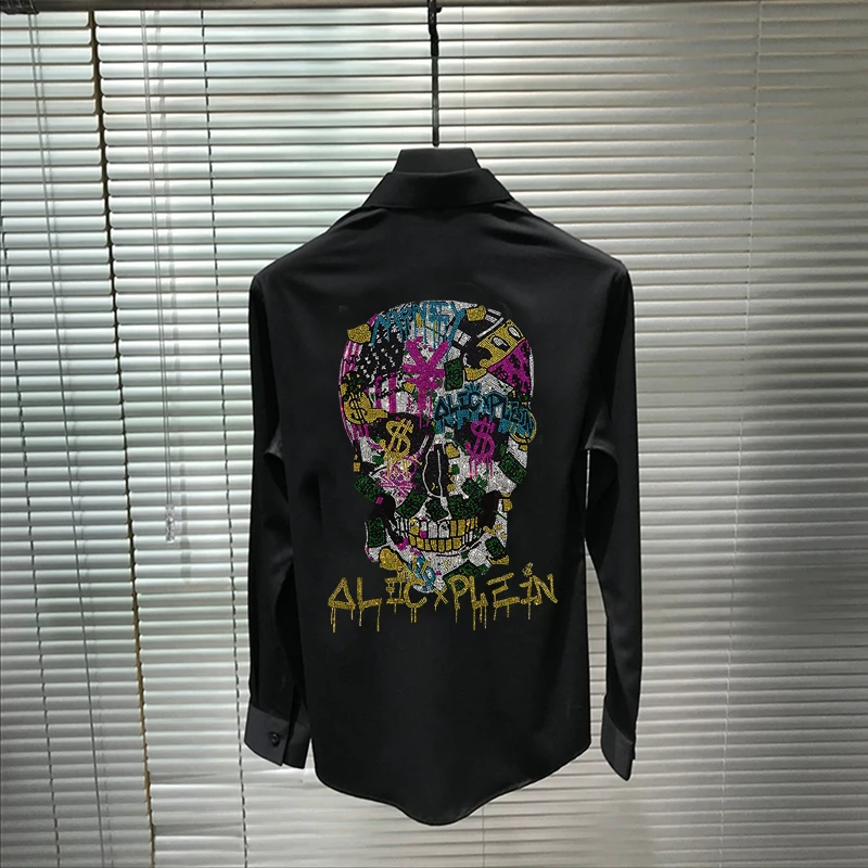 Youth Original Design Button Men's T-Shirt Exquisite Hot Drill Skull Lapel Overalls Simple