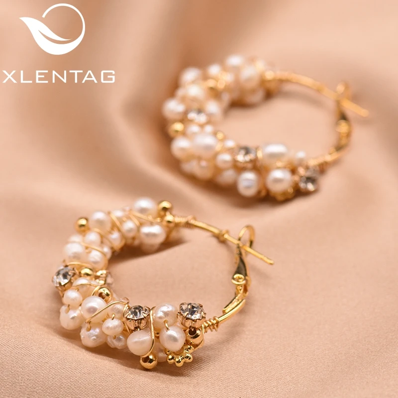 Женские серьги-кольца XlentAg ручной работы с натуральным жемчугом и цирконием для