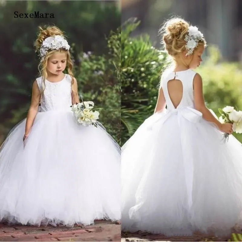

Оригинальное высококачественное платье для девочек с цветами, пышный тюлевый кружевной топ с круглым вырезом, белое платье для маленьких д...