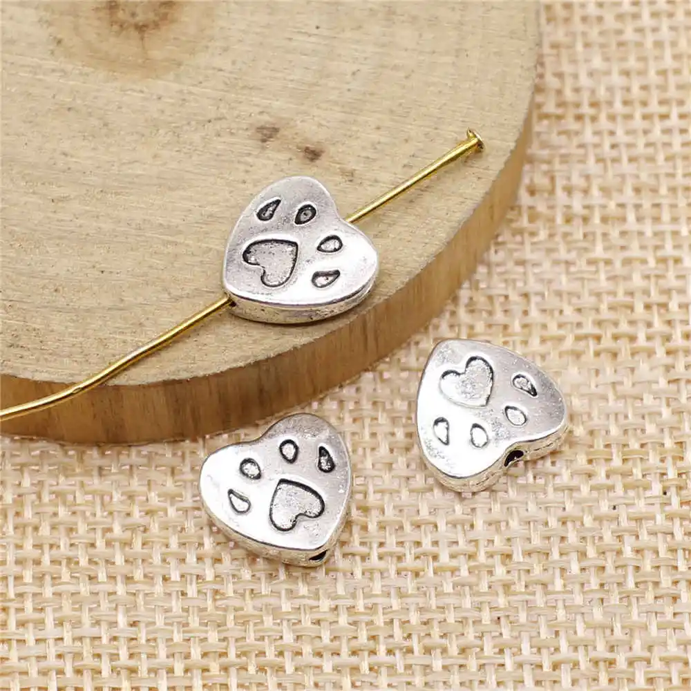

Handmade Pendants For Jewelry Accessories 10pcs Paw Print Heart Spacer Beads 11x11mm Antique Silver Plated