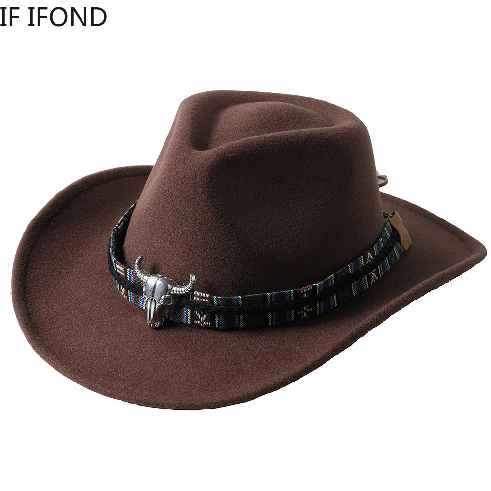 

New Vintage Wool Blend Western Cowboy Gangster Hat Fedora Outdoor Wide Brim Jazz Fedora Hat Godfather Church Caps