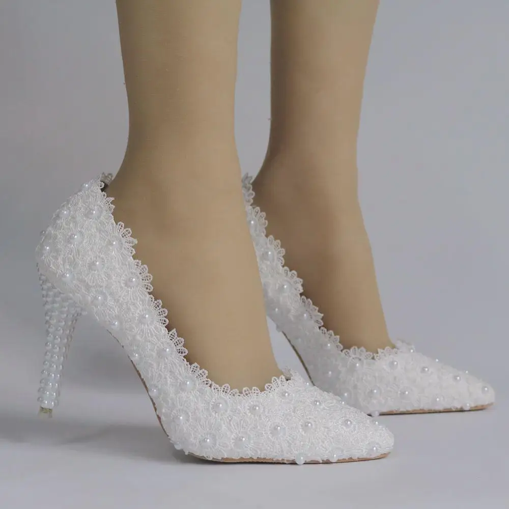 Туфли женские на высоком каблуке свадебные туфли кружево цветок белый жемчуг