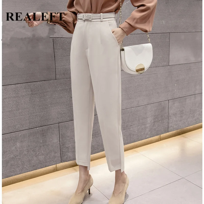 

REALEFT New Spring 2020 Korean OL Style Women Formal Harem Pants with Belt High Waist Elegant Office Lady Ankle-Length Pants