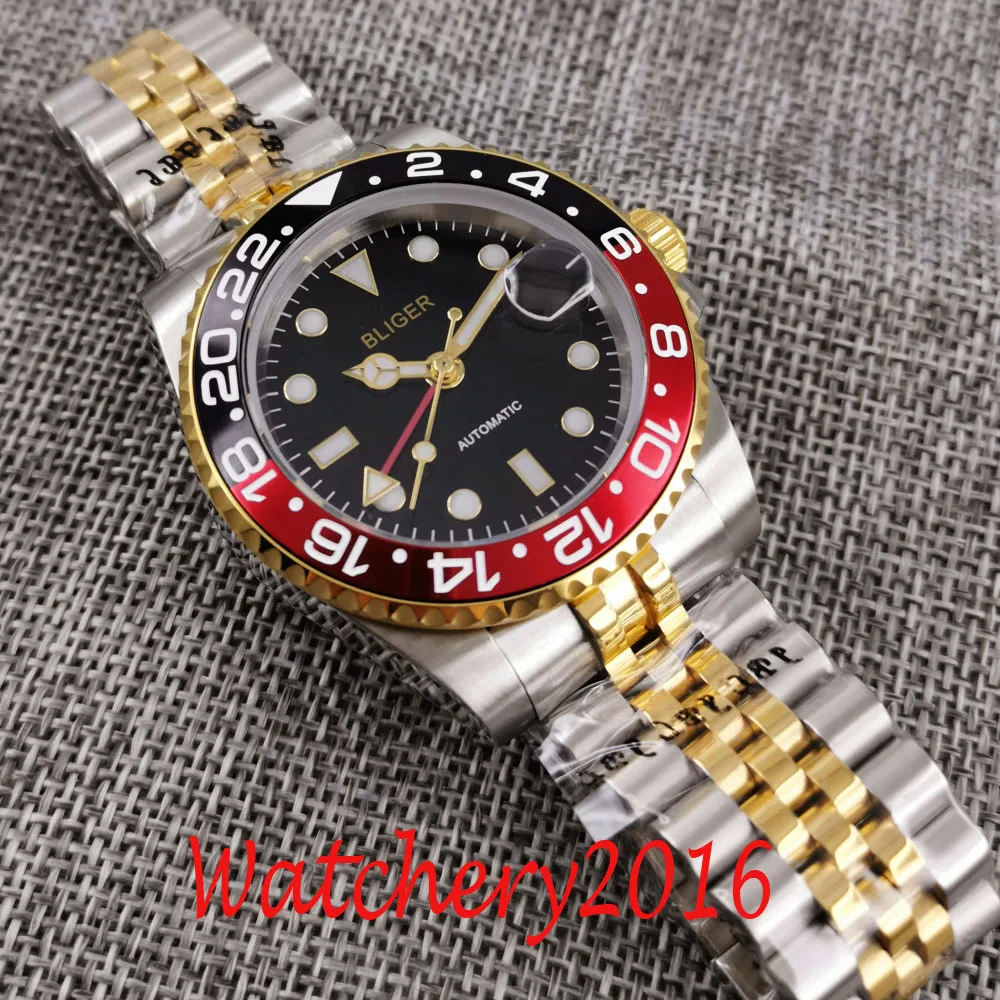 

BLIGER Design Brand Luxury Watch Automatic Black Watch GMT Stainless jubilee Sapphire Black & red Bezel Mechanical Mens Watch