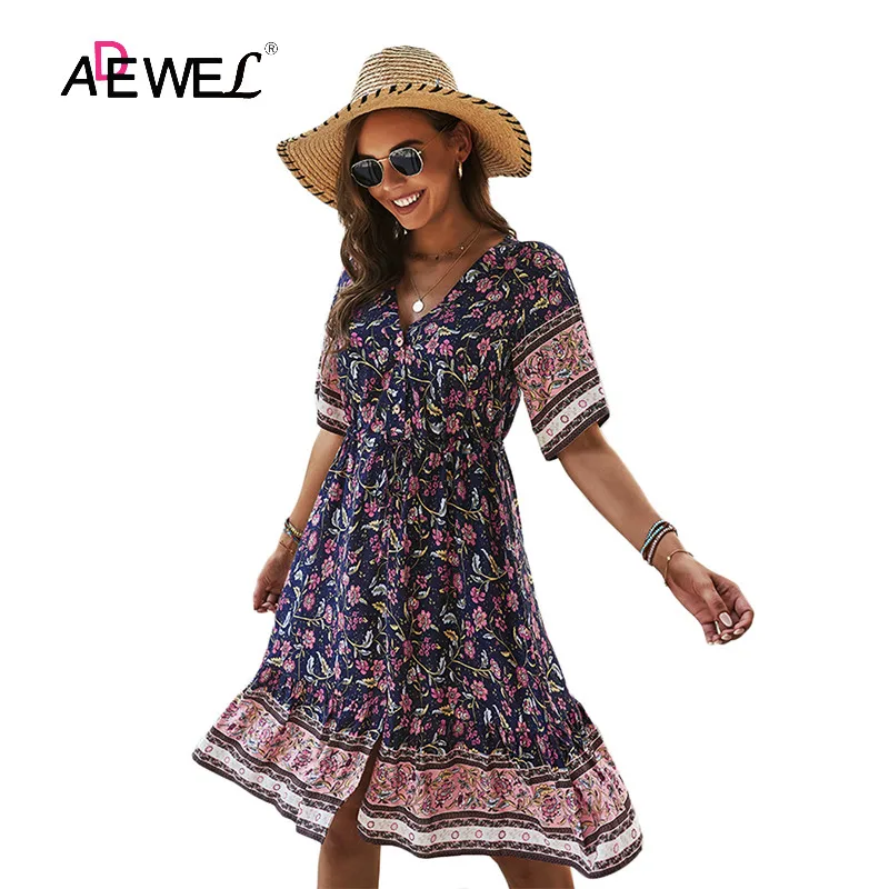 

ADEWEL Summer Women Boho Dress Sexy V-Neck Slit Loose Vacation Casual Dresses Printed Short Sleeve Female Knee-Length Robe 2021