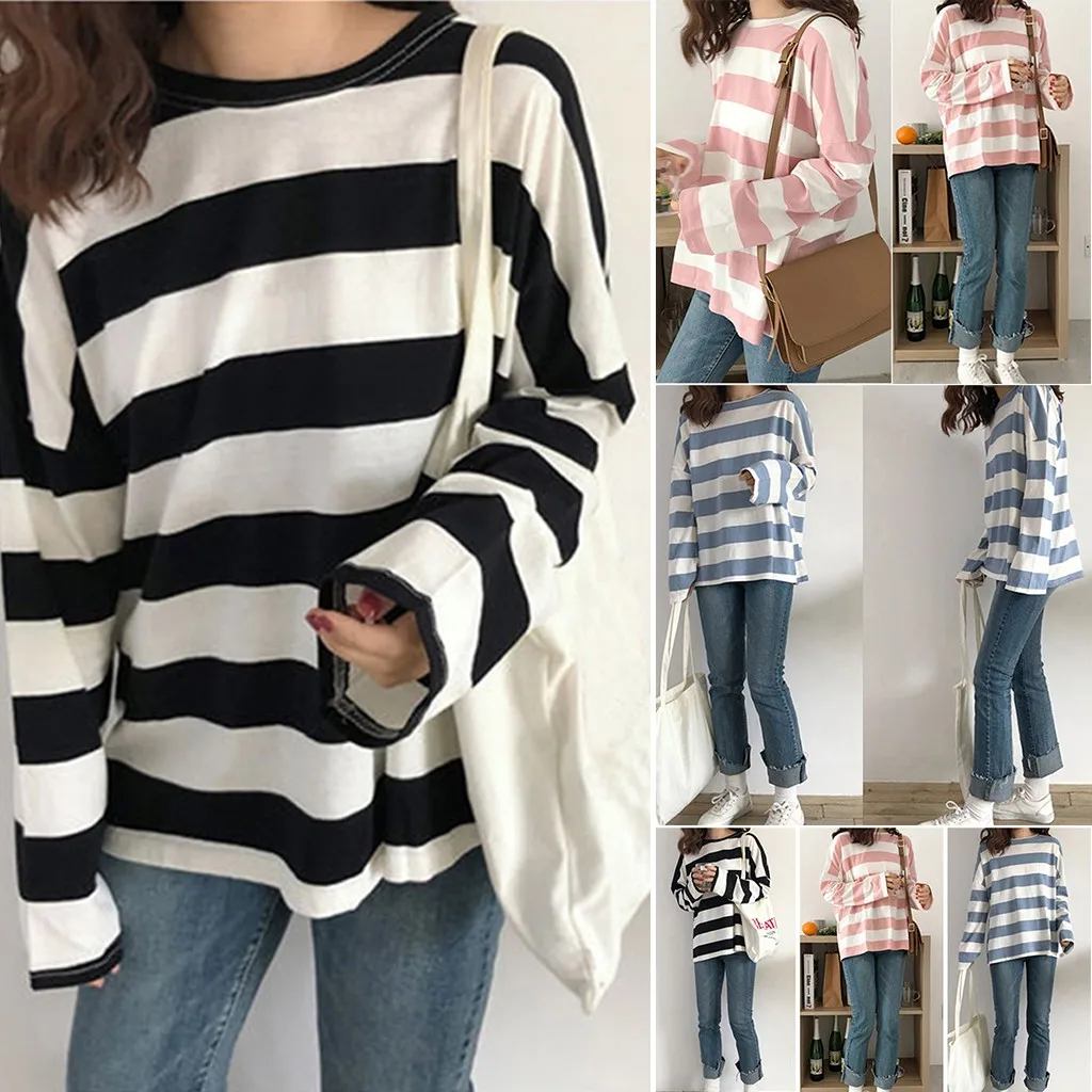 Женская футболка 2020 полосатая с длинным рукавом корейские повседневные женские