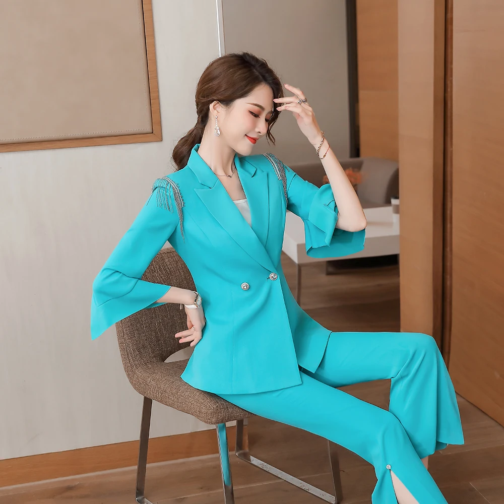 

2021 Spring/Summer Women's Pants Suit Pink Blue Yellow Blazer +Trouser Bussiness Jacket Office Lady 2 Pieces Set Plus Size S-5XL