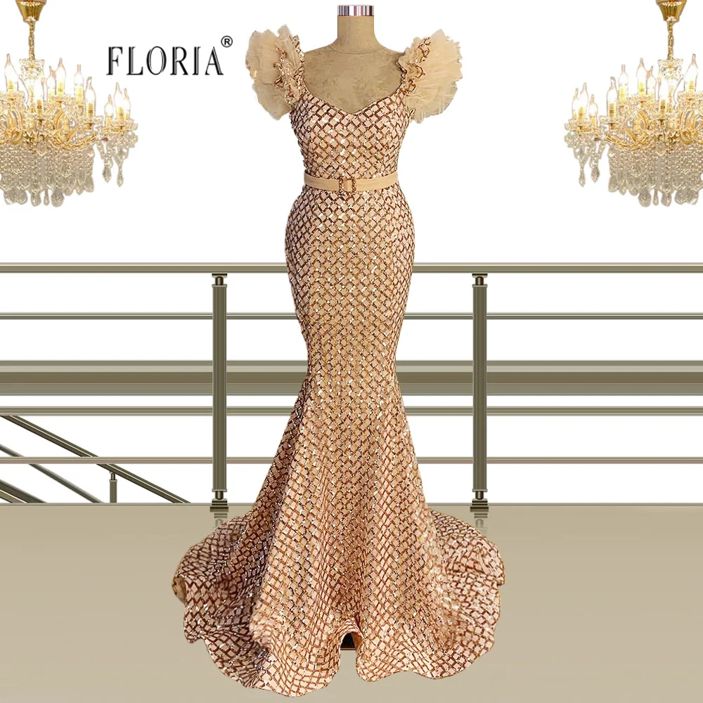 

Женское длинное вечернее платье-русалка, золотистое платье цвета шампанского с пышным рукавом, пышные платья для конкурсов, одежда для вече...