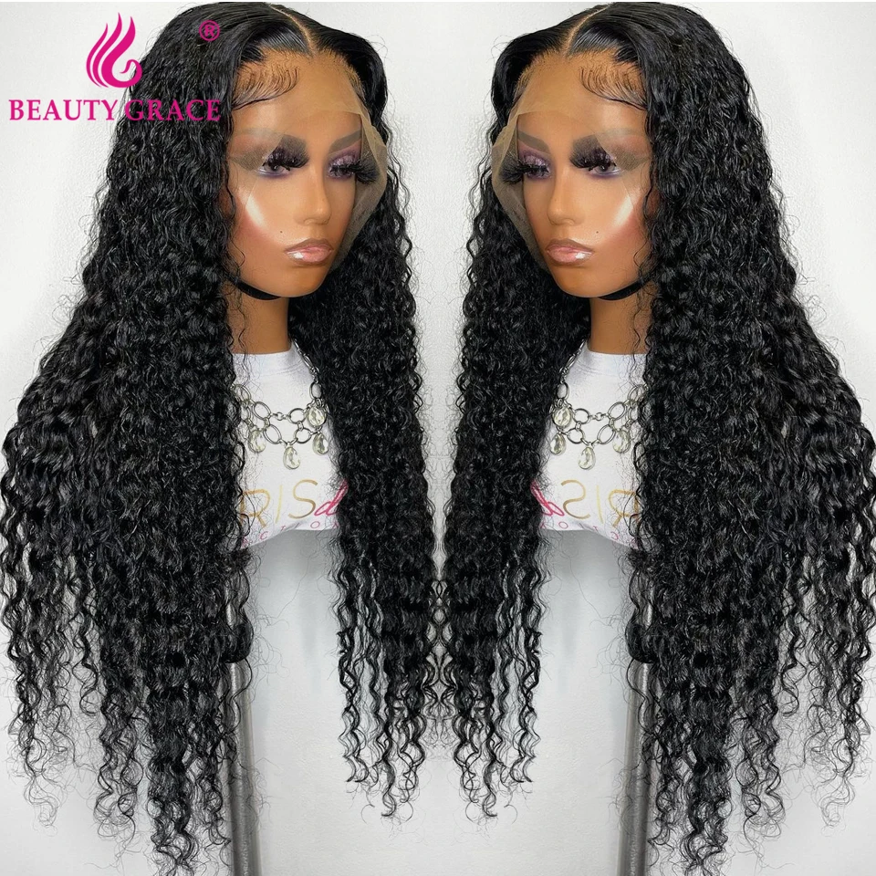 30 Inch Curly Deep Wave Frontal Wigs For Women Brazilian Glueless T Part Lace Front Human Hair Wig Pre plucked Lace Closure Wig