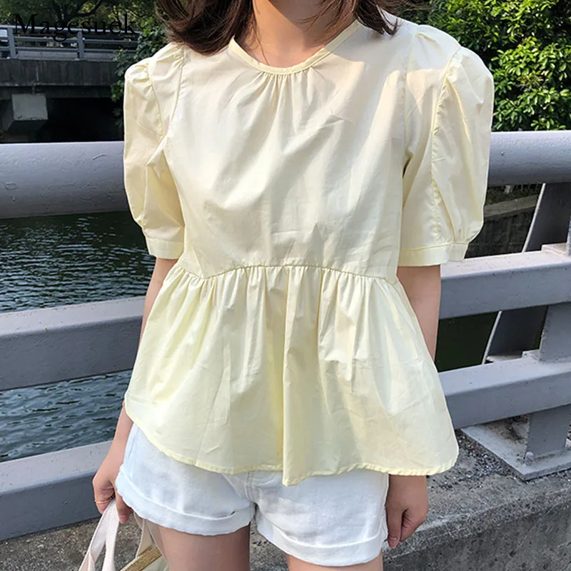 

2021 летние элегантные топы с круглым вырезом, новое Пышное Платье с коротким рукавом, французский облегающая Лоскутная Блузка для женщин хло...