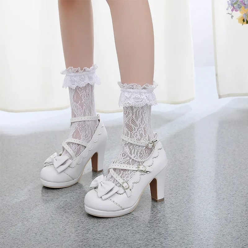 

LIN KING Big Size Sweet Bowtie Round Toe Buckle Lolita Shoes New Style Fashion Ladies Pumps Women Shoes High Heel Party Shoes