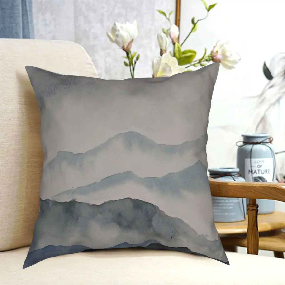 

Foggy Mountain Landscape Watercolor Square Pillowcase Creative Zip Decor for Bed Cushion Case 45*45cm