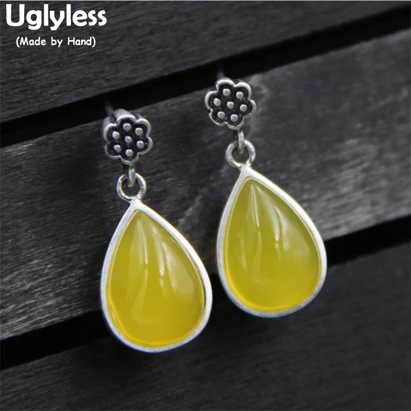 

Uglyless Real S925 Sterling Silver Handmade Plum Flower Dangle Earrings Women Luxury Yellow Chalcadony Water Drop Brincos Bijoux