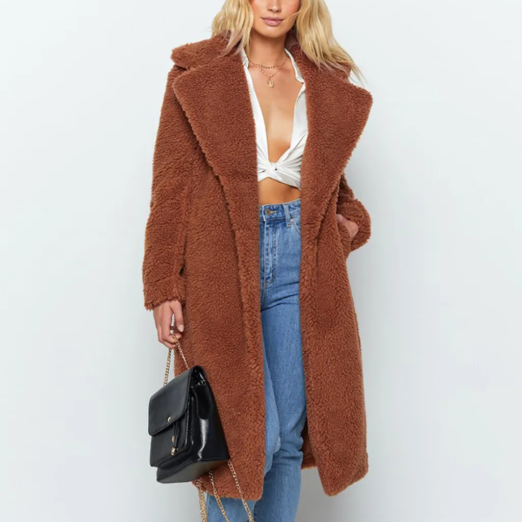 Женская куртка, пушистый мех, пальто, женская осенне-зимняя теплая куртка из искусственного меха, кардиган из искусственного меха, однотонная длинная парка, верхняя одежда - Цвет: Коричневый