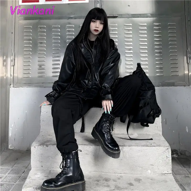 Women Leather Jacket Autumn Vintage Motorcycle Zipper Black Overcoat Female Winter High Street Streetwear Y2k Jackets 2022 Ho