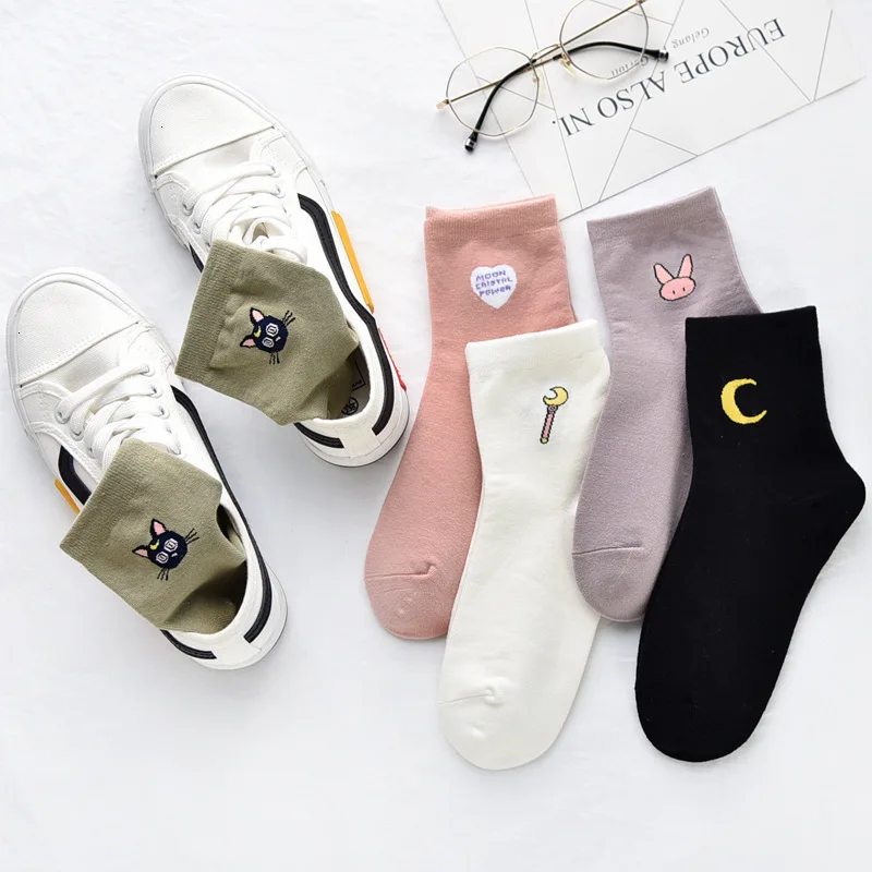 

2 Pairs Of Women's Socks Harajuku Medium Tube Socks Cotton Solid Color Cute Animal Casual Sweat-absorbent Breathable Wild Socks