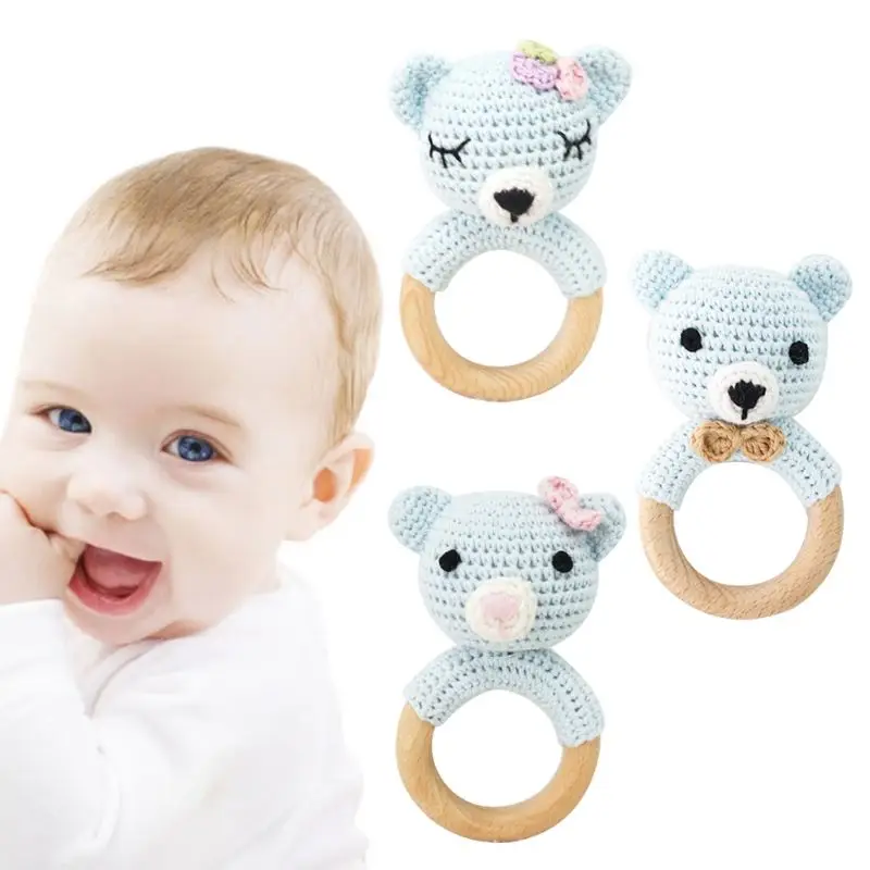 

Baby Wooden Teether Ring DIY Crochet Bear Rattle Soother Bracelet Infant Teething Molar Play Toys