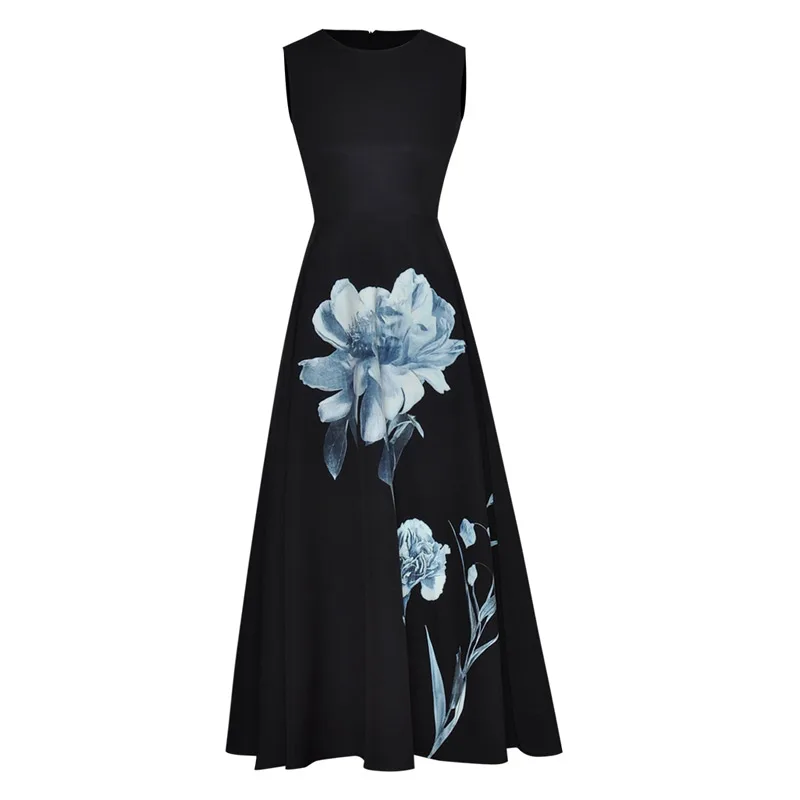 

Элегантное Черное Платье-чехол длиной до середины икры с круглым вырезом без рукавов с карманами с разрезом и цветочным принтом