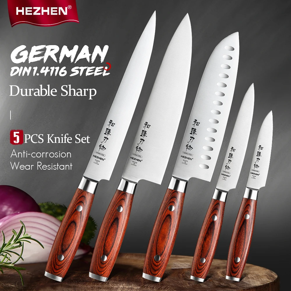 

HEZHEN 1-5PC Kitchen Knife Sets Stainless Steel Professional Sharp Cook Beautiful gift box Pakka Wood Handle Kitchen Tool