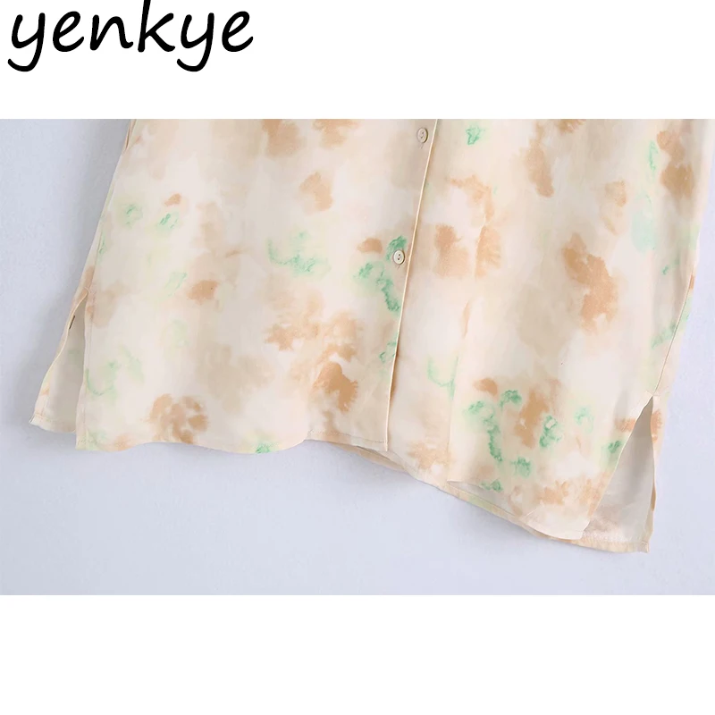 

YENKYE New 2021 Tie Dye Print Blouse Shirt Women Lapel Collar Short Sleeve Streetwear Casual Ropa Mujer Summer Plus Size Tops