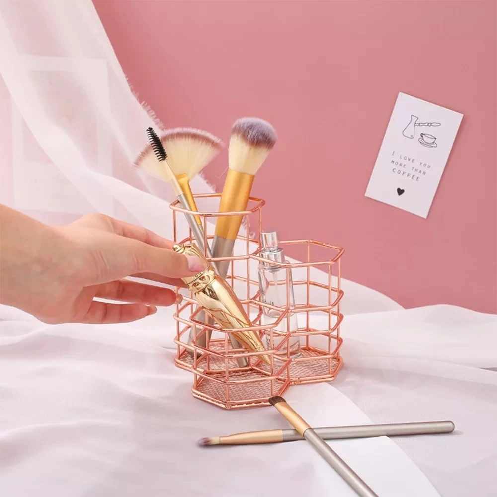 

Wrought Iron Storage Basket Office Desktop Rose Golden Sundries Makeup Brushes Pen Holder Cosmetics Table Home Bedroom Organizer