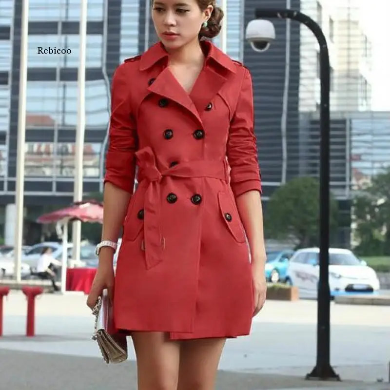 

Spring and Autumn Jacket Women's Body with Belt Mid-Length Windbreaker Double-Breasted Belt Slim Long