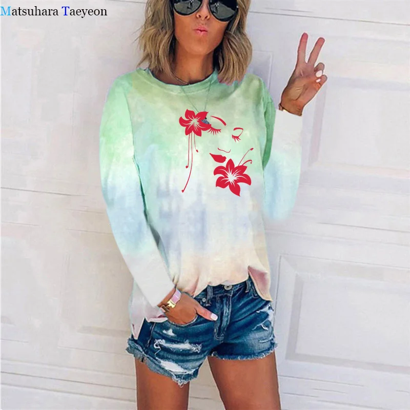 

Flower Girl Woman Face Printed T Shirt Women 2020 Casual Harajuku Tshirt Cotton Tie-dyed Long Sleeve Top Women Autumn T-shirt