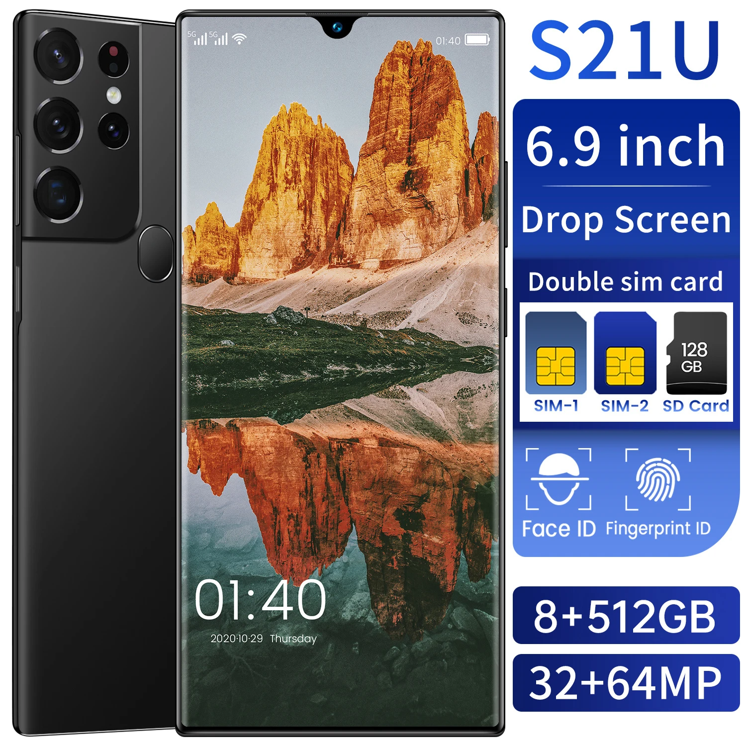 

S21U 2021 6.9 Inch 12G+512G Dual SIM+Micro SD Fingerprint Unlock Andriod Smart Phone 5G Network Dual SIm+Mciro SD Mobile Phone