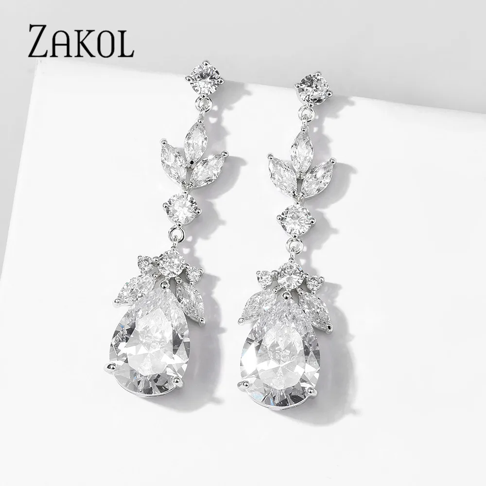 

ZAKOL Classic Leaf Water Drop Shape AAA Cubic Zirconia Earrings for Women CZ Wedding Party Bridal Dangle Earring FSEP5063