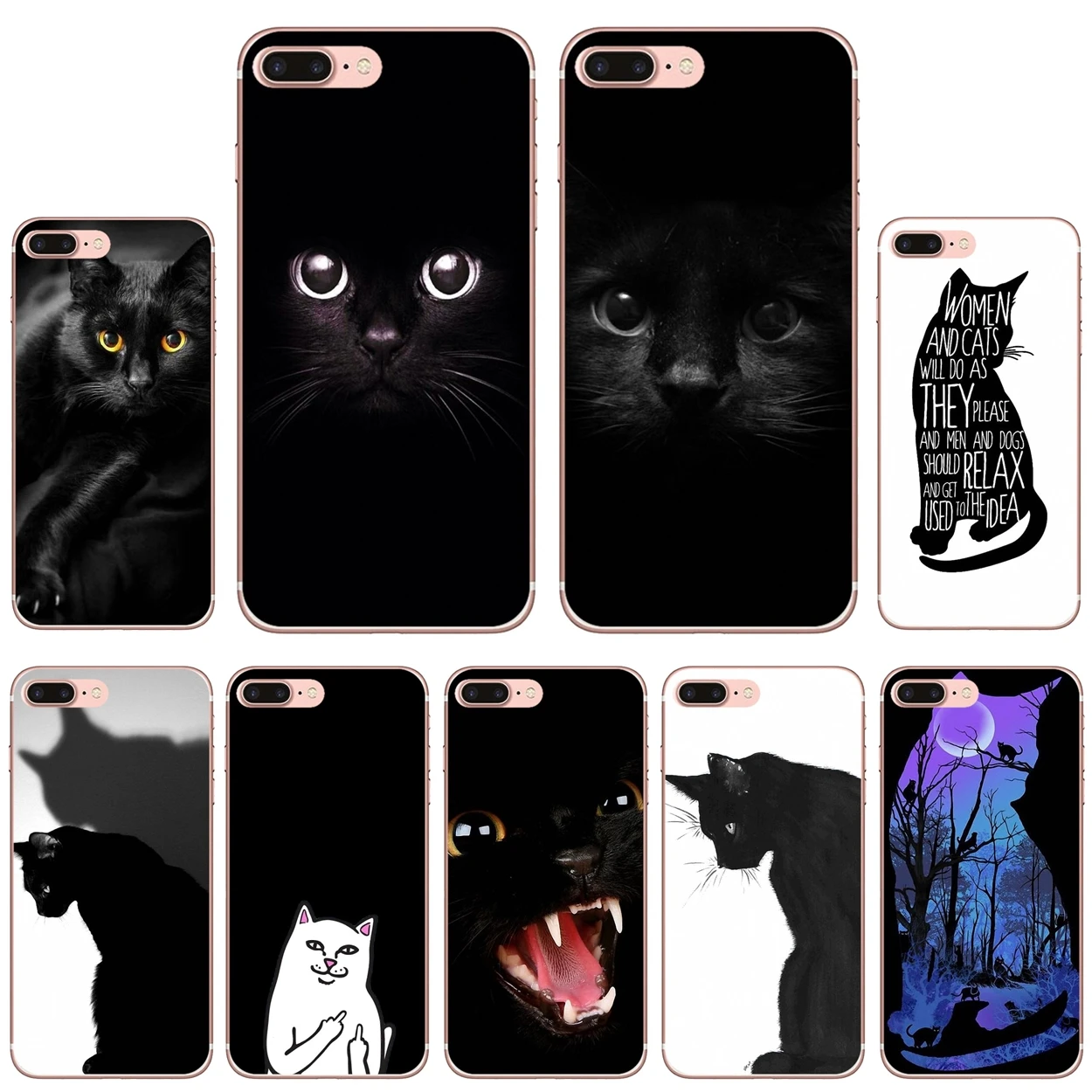 

For iPhone 10 11 12 13 Mini Pro 4S 5S SE 5C 6 6S 7 8 X XR XS Plus Max 2020 Soft Cover Bag Black Cat Staring Eyes Animals