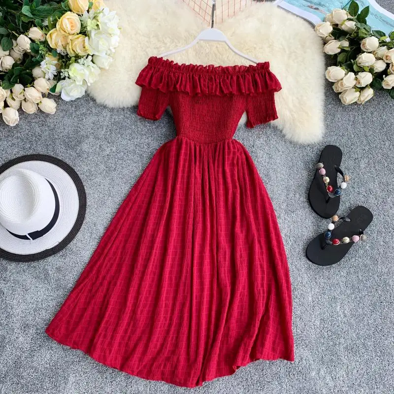 

Women Summer Plaid Slash Neck Off Shouder Solid Vestidos 2020 Ruffles A-Line High Waist Dress Robe Femme