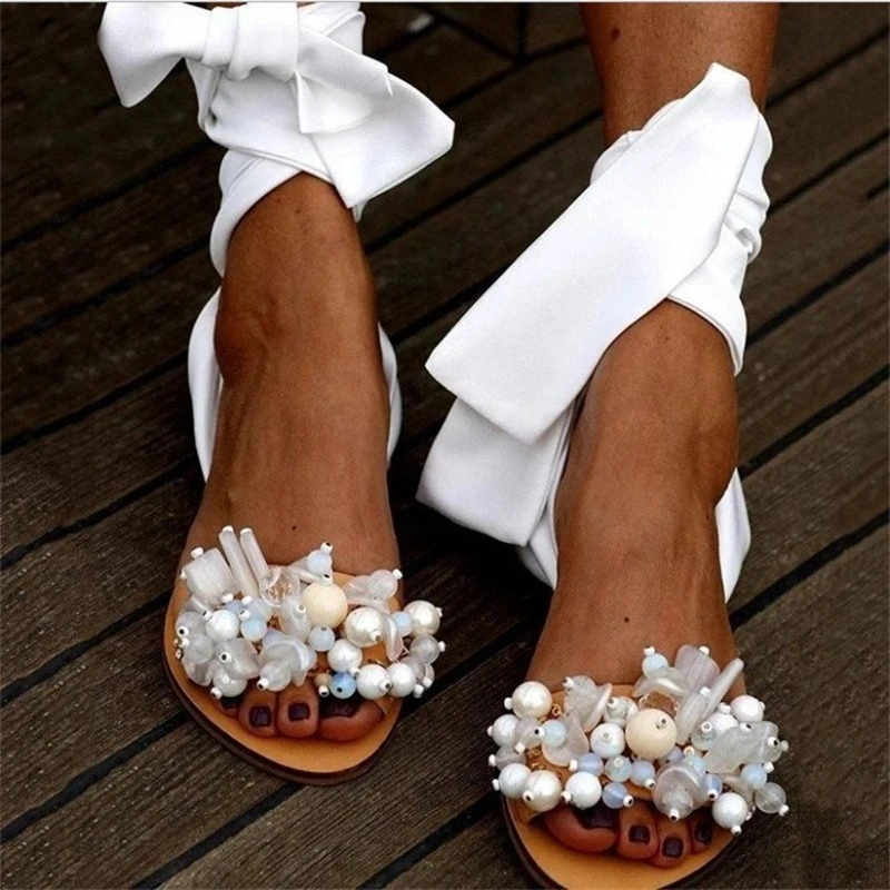 

Siddons Runway Fashion Women Sandals 2020 Flats Pearls Studs Lace Up Ladies Casual Beach Shoes Woman Elegant Party Roman Sandals