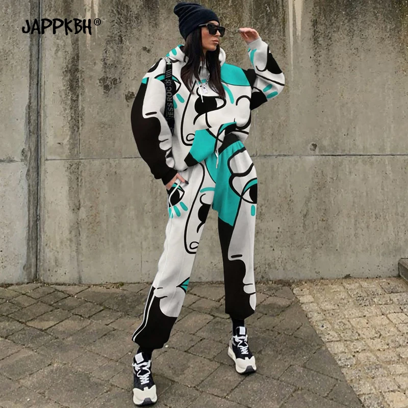 

Women Tracksuits Wives Spring 2021 Casual Loose Fashion Print Hip-hop Street Hipster Hoodies Sweater Pants Suit Female Clothing